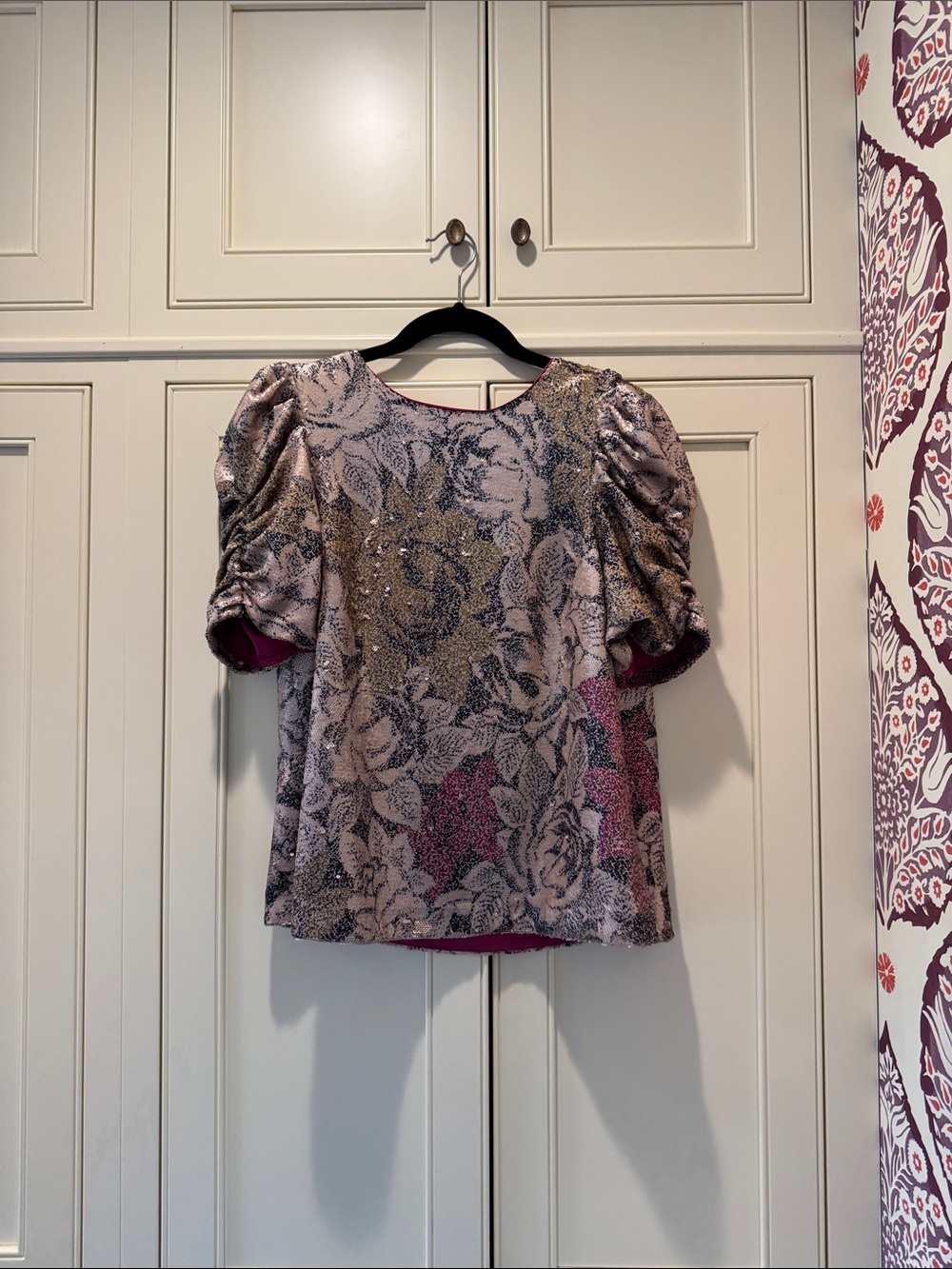 Anthropologie Pink and Gold Floral Puff-Sleeve Blouse
